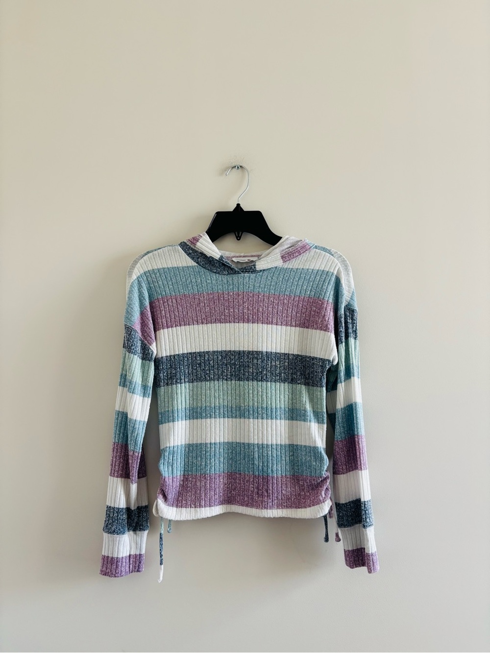 Y2K Henley Top Blue Purple Stripe Hood Knit Womens Long Sleeve Juniors L Preppy